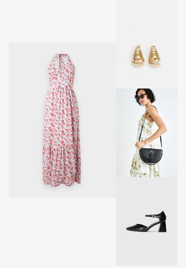 Květinové maxi šaty s halter krkem, barevný červený a modrý květinový vzor na světlém pozadí, s vrstvenou sukní.; Černá laková kožená lodička na vysokém podpatku s špičatou špičkou, kotníkovým páskem a texturovaným krokodýlím vzorem. Design čtvercového bloku podpatku.; Černá kožená kabelka s křivkovým tvarem, odnímatelným popruhem a zlatými detaily. Kabelka má klopu s přezkou.; Náušnice ve zlatém odstínu ve tvaru prodloužených kuželů se spirálovými detaily. Hladký povrch s odrazivým zakončením, obsahující zakřivené akcenty.