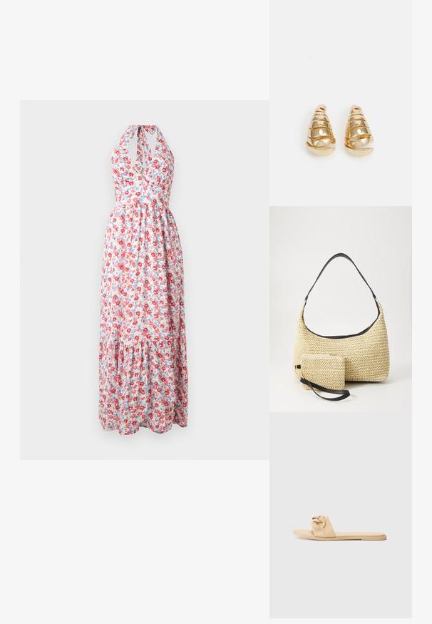Floral maxi dress featuring a halter neck design, colorful red and blue floral pattern on a light background, with a tiered skirt.; Nude slide sandals made of smooth synthetic material, featuring a knotted strap design and a flat sole, with no visible hardware or accents.; Woven straw handbag with a curved silhouette, featuring a smooth black leather strap and a matching small pouch attached by a wrist strap.; Gold-toned earrings shaped like elongated cones with spiral detailing. Smooth surface with reflective finish, featuring curved accents.