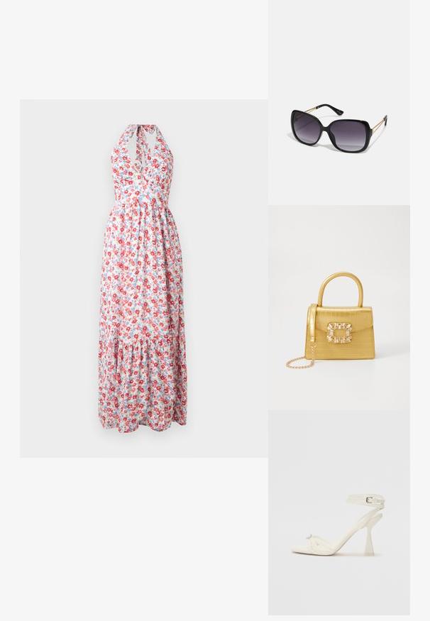 Duga cvjetna haljina s halter vratom, šarenim uzorkom cvijeća u crvenoj i plavoj boji na svijetloj podlozi, s višeslojnim suknjom.; Bijela kožna sandala na visokom potpetici s trakama, elegantnog dizajna, s prozirnom blok potpeticom i dekorativnim elementom na prstima.; Crne prevelike sunčane naočale s gradijentnim lećama, debelim okvirom i zlatnim lancem kao detaljem na krakovima.; Žuta torbica od umjetnog krokodila sa strukturiranim dizajnom, gornjom ručkom, odvojivim lančićem i dekorativnim kristalnim ukrasom na kopči.