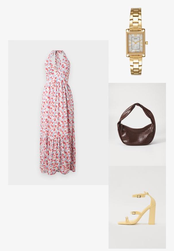 Vestido maxi floral com design de gola halter, padrão floral colorido em vermelho e azul sobre um fundo claro, com saia em várias camadas.; Sandálias amarelas de salto bloco com três correias ajustáveis, design de bico quadrado, material sintético liso e fivelas em tom prateado.; Bolsa de mão em pele trançada castanha com uma alça curva e atada e um fecho com zíper. Textura suave e forma arredondada.; Relógio de pulso retangular em tom de ouro com um mostrador branco, marcadores de horas em tom de prata e uma pulseira de metal resistente. Inclui função de resistência à água.