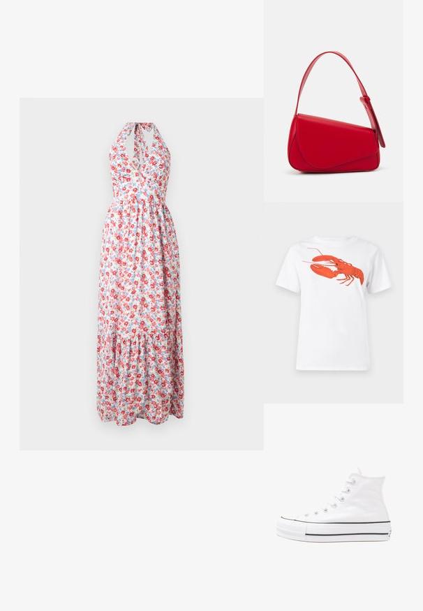 Kvetinové maxi šaty s halterneckom, farebný červený a modrý kvetinový vzor na svetlom pozadí, s vrstvenou sukňou.; Biely bavlnený tričko s veľkým, jasne červeným grafickým zobrazením homára na prednej strane. Krátke rukávy a štandardný dizajn s okrúhlym výstrihom.; Biele vysoké plátené tenisky s čiernou gumovou podošvou, prednou gumovou špičkou a šiestimi okami na šnúrky, s čistým, minimalistickým dizajnom.; Červená kožená kabelka s ostrým, geometrickým dizajnom. Má jeden nastaviteľný popruh a uzatváranie na klopu so šitím.