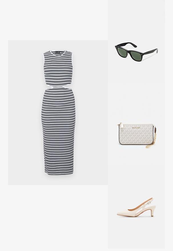 Pruhované šaty bez rukávů s námořnickými a bílými vodorovnými pruhy, detailem na vyříznutém pase a těsným střihem. Měkký, elastický materiál.; Bílé lodičky na podpatku s špicatou špičkou, hladkým svrškem, nízkým blokovým podpatkem a designem s bočním výřezem se stahovací sponou.; Černé plastové sluneční brýle se zelenými skly, čtvercové obroučky, stříbrný detail na obočí a texturované stranice. Značka uvedená na vnitřní straně stranic.; Kabelka na zápěstí Michael Kors v béžové potažené plátno s opakujícím se vzorem loga MK, zlatými kovovými doplňky a odnímatelným řetízkovým popruhem.