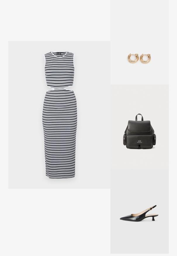 Prúžkovaná bezrukávová šaty s námorníckymi a bielymi vodorovnými pruhmi, s výrezom v páse a priliehavým strihom. Mäkkučký, elastický materiál.; Čierne kožené sandále na podpätku s ostrou špičkou a zlatou prackou na bočnom pásiku, na bielom pozadí.; Čierny kožený batoh s klopou, prednou kapsou, bočnými zipsovými vreckami a hornou rukoväťou. Obsahuje detaily loga na prednej strane.; Zlaté kruhové náušnice s lešteným povrchom, so silným, obdĺžnikovým dizajnom a bezpečným uzatváracím mechanizmom. Hladký povrch a lesklý vzhľad.