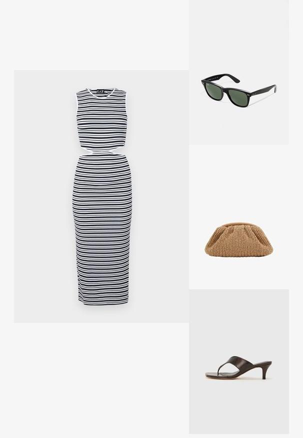Prúžkovaná bezrukávová šaty s námorníckymi a bielymi vodorovnými pruhmi, s výrezom v páse a priliehavým strihom. Mäkkučký, elastický materiál.; Hnedé sandále s opätkom z faux hadej kože s dizajnom medzi prstami a štvorcovou špičkou. Opätok má výšku približne 5 cm a hladký povrch.; Čierne plastové slnečné okuliare so zelenými šošovkami, štvorcové rámy, strieborný akcent na obočí a textúrované ramenné opierky. Brand uvedený na vnútornej strane ramien.; Pletená béžová kabelka s nariaseným dizajnom a zaobleným tvarom, s textúrovaným povrchom a mäkkým horným otvorom.