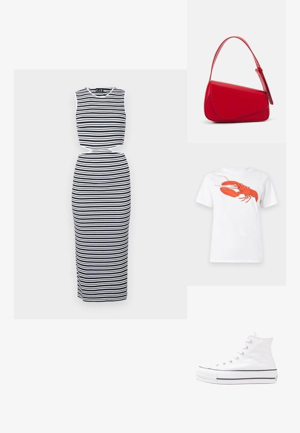 Sukienka bez rękawów w paski, z granatowymi i białymi poziomymi paskami, z wycięciem w talii i dopasowanym krojem. Miękki, elastyczny materiał.; Biała bawełniana koszulka z dużą, jasnoczerwoną grafiką homara na przodzie. Krótkie rękawy i standardowy okrągły dekolt.; Białe wysokie trampki z płótna z czarną gumową podeszwą, przednim czubkiem z gumy i sześcioma dziurkami na sznurowadła, charakteryzujące się prostym, minimalistycznym designem.; Czerwona skórzana torebka o kanciastym, geometrycznym designie. Posiada jedną regulowaną rączkę oraz zapięcie na klapę z przeszyciami.
