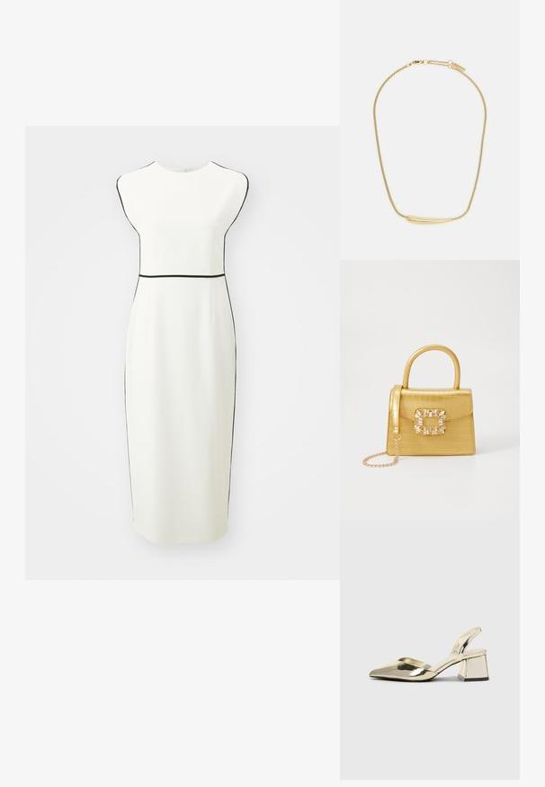 BOSS DETIRA - Rochie de zi - open white; Pantofi cu toc slingback metalici aurii, cu vârf ascuțit și toc chunky. Textură netedă, design minimalist și o curea subțire.; Geantă galbenă din faux-crocodil cu un design structurat, mână superioară, curea detașabilă cu lanț și embellisment decorativ cu cristale pe închidere.; Colier placat cu aur, cu un accent central neted și curbat. Dispune de o chaină flexibilă cu un închizător tip homar și link-uri suplimentare ajustabile.