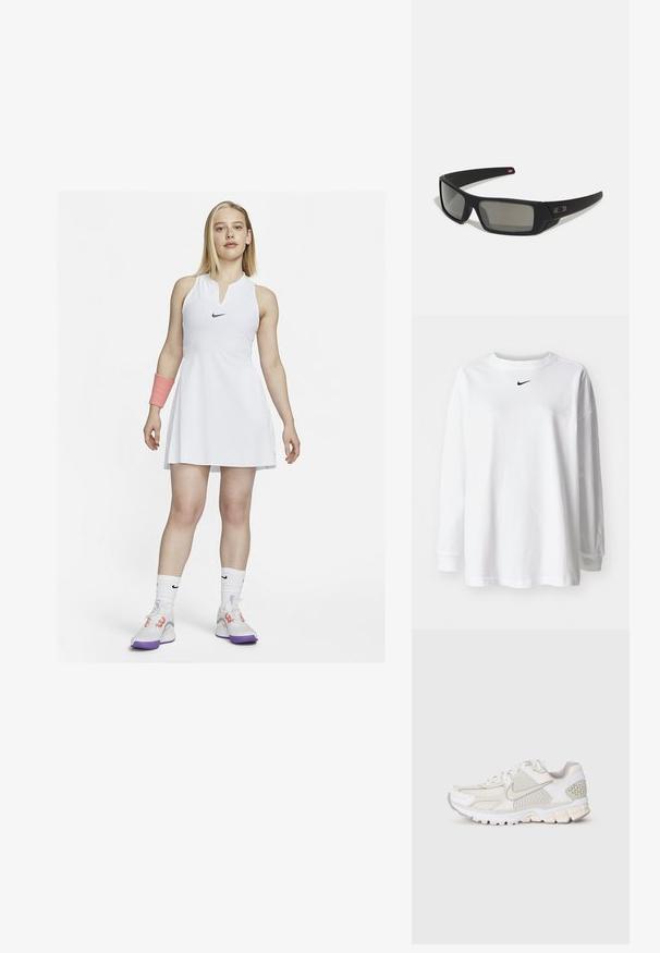 Bijela teniska haljina bez rukava s kragnom, na kojoj se nalazi crni Nike logo. Uparena s ružičastim zapešnim trakama i bijelim tenisicama s ljubičastim detaljima.; Bjela dugih rukava majica od pamuka, s okruglim izrezom i malim crnim Nike logotipom na prsima. Jednostavan dizajn, ležeran kroj.; Bijela atletska cipela od mrežastih i sintetičkih materijala. Ima teksturirani dizajn, podstavljeni ovratnik i geometrijske akcentne detalje na peti.; Crne sunčane naočale s mat površinom, pravokutnim staklima, blagim zakrivljenjima na sljepoočnicama, suptilnim logotipom i dimnim staklima.