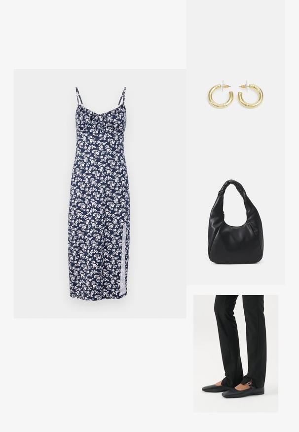 Jūrinio stiliaus gėlių suknelė su mažomis baltomis gėlėmis, smulkios petnešėlės, surinkta krūtinės detalė ir šoninė skeltis, pagaminta iš lengvos medžiagos.; Juodų odinių balerinų batų su smailiu priekiu, juostele su sidabro sagtimi, derinami su juodomis pritaikytomis kelnėmis, turinčiomis plyšinį hemą.; Juodas hobo krepšys, pagamintas iš lygaus odos panašaus materiaus, su susuktos rankenos, turintis minkštą, apvalią formą ir viršutinį užtrauktuką.; Aukso auskarai su lygiu, blizgiu paviršiumi. Apvalus dizainas su maža užrakto dalimi ir skaidria atrama saugiam nešiojimui.