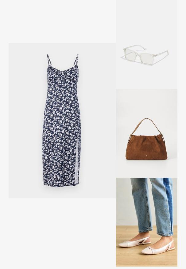 Granatowa sukienka w kwiaty z małymi białymi kwiatami, z cienkimi ramiączkami, zebranym dekoltem i rozcięciem po boku, wykonana z lekkiego materiału.; Jasnoróżowe baleriny na odkrytej pięcie z wąskim noskiem, wykonane z gładkiego materiału imitującego skórę. Posiadają wycięcia po bokach oraz płaski obcas.; Przezroczyste, kwadratowe okulary z plastiku z półprzezroczystymi soczewkami, z złotymi akcentami na zausznikach dla dodatkowego wykończenia.; Brązowa torebka z zamszu o marszczonym wzorze, z pojedynczym paskiem w kolorze tan i subtelnym złotym logo z przodu.