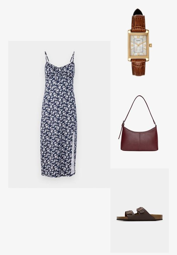 Námořnické květinové šaty s malými bílými květinami, tenkými ramínky, zdobením v oblasti prsou a bočním rozparkem, vyrobené z lehké tkaniny.; Hnědé ploché sandály s dvojicí nastavitelných popruhů. Vyrobené z hladkého materiálu, s korkovou stélkou a texturovanou gumovou podrážkou.; Vínová kožená kabelka s zakřiveným tvarem, jediným ramenním popruhem a prošíváním ve středu. Hladký povrch, minimální kovové prvky.; Kvadrové hodinky Casio s obdélníkovým pouzdrem ve zlatém tónu, bílým ciferníkem, zlatými hodinovými značkami a hnědým koženým řemínkem s krokodýlím vzorem. Voděodolné.