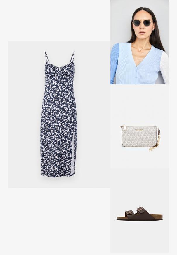 Tumesinine lilleline kleit, kus on valged väikesed lilled, õhukesed õlapaelad, kokku volditud rinnadetail ja küljesise, valmistatud kergest kangast.; Pruun, lame libise sandaal, millel on kaks reguleeritavat rihma. Valmistatud siledast materjalist, cork jalatugi ja tekstureeritud kummist välispõhi.; Ringikujulised prillid tumedate läätsede ja kullast raamiga. Mudel on selga pannud helesinise soonikuga kardigani, millel on nupud ja kontrastsed valged varrukad.; Michael Korsi randmevõru beige kaetud kangast, millel on korduv MK logo muster, kuldne riistvara ja eemaldatav ahelistrap.