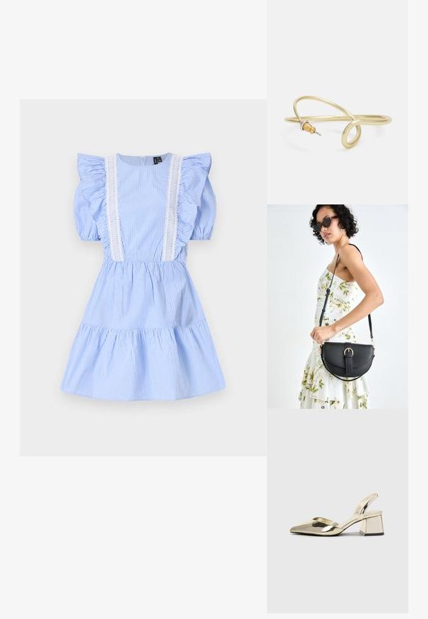 Modrá a biela pruhovaná šaty s krátkymi puff rukávmi, volánikovými detailmi a čipkovými akcentmi vpredu, s vrstveným dizajnom sukne.; Zlaté kovové lodičky na podpätku so špicatou špičkou a robustným podpätkom. Hladký povrch, minimalistický dizajn a úzka remienok.; Čierna kožená kabelka s zaobleným tvarom, odnímateľným popruhom a zlatými doplnkami. Kabelka má klopu s detailom s prackou.; Náušnica zo zlato sfarbeného kovu s plynulým, zakriveným dizajnom. Na jednom konci je malý, výrazný strieborný akcent.