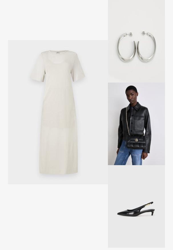 Lys beige kjole laget av myk stoff, med korte ermer og rund hals, med en rett, ankel-lengde silhuett.; Sorte lærreim hæler med spiss tå, som har en slank hæl og en gullfarget detalj på den justerbare stroppen. Glatt tekstur.; Svart skinnjakke med knappelukking og to frontlommer, sammen med en svart kviltet håndveske med gullspenne og kjedehank.; Sølvøreringer med en jevn, buet design. Har en blank metallisk finish og en studlås. Ingen synlige mønstre eller aksenter.