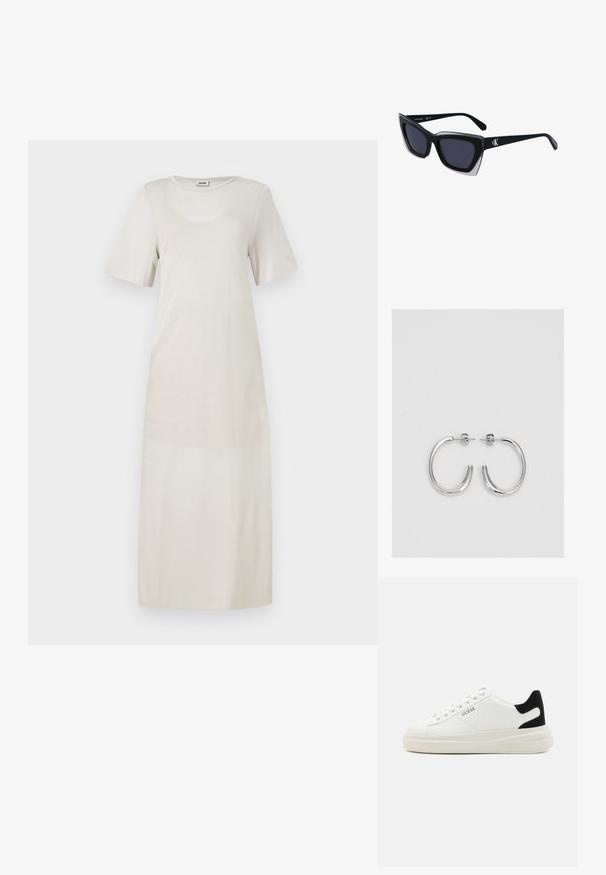 Helles beiges Kleid aus weichem Stoff, mit kurzen Ärmeln und rundem Ausschnitt, in einer geraden, knöchellangen Silhouette.; Weiße Leder-Sneaker mit einer dicken weißen Sohle, schwarzem Wildlederakzent an der Ferse und geprägtem Logo an der Seite. Schnürdesign mit sechs Ösen.; Schwarze übergroße Sonnenbrille mit geometrischer Form, ausgestattet mit dunklen Gläsern und einem kontrastierenden grauen Detail im Rahmen. Logo am Bügel.; Silberne Creolen mit einer glatten, glänzenden Oberfläche. Abgerundete Form, leichtes Design, mit einer Steckverschluss.