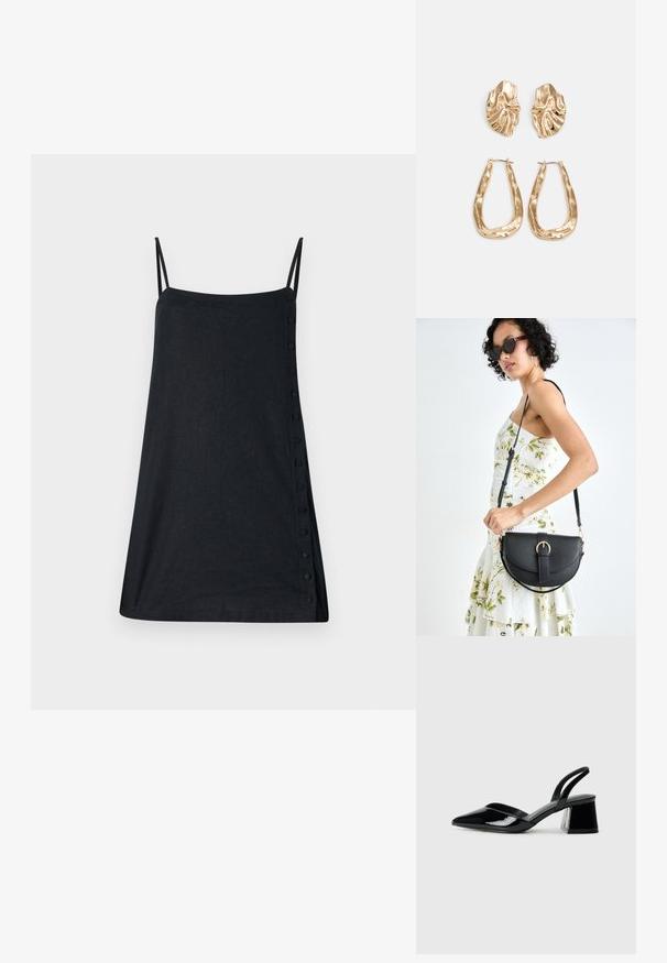 Melna spaghetti kleita ar taisnu griezumu, kas iekļauj sānu pogas detaļu un izgatavota no viegla auduma. Bez rakstiem vai akcentiem.; Melna lakota āda ar atvērto papēdi, ar smailu purngalu un ģeometrisku blokpapēdi. Iezīmējas elegants, minimāls dizains un gluda tekstūra.; Melnas ādas rokassoma ar izliekta formu, noņemamu siksnu un zelta aksesuāriem. Somai ir vāciņš ar sprādzes detaļu.; Zelta krāsas auskari ar teksturētām, viļņotām formām. Iekļauts skulpturāls piespraužams modelis un atvērta gredzenveida konstrukcija ar izsistām virsmām.