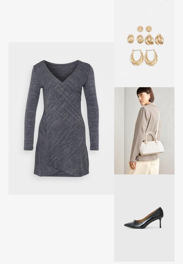 Vestido de mangas compridas em cinza escuro, feito de tecido texturizado e com decote em V e design de sobreposição diagonal, apresentando um ajuste elegante e uma bainha assimétrica.; Sapato de salto alto em couro laqueado preto com bico fino, detalhe de tira decorativa na parte da frente e um salto agulha fino.; Bolsa estruturada branca com alças curtas e uma alça de ombro, com detalhes em hardware dourado e material texturizado, exibida contra um fundo cinza.; Conjunto de brincos em tom dourado composto por três pares: brincos de botão ovais texturizados, brincos de design ondulado e grandes brincos em argola com camadas em relevo.