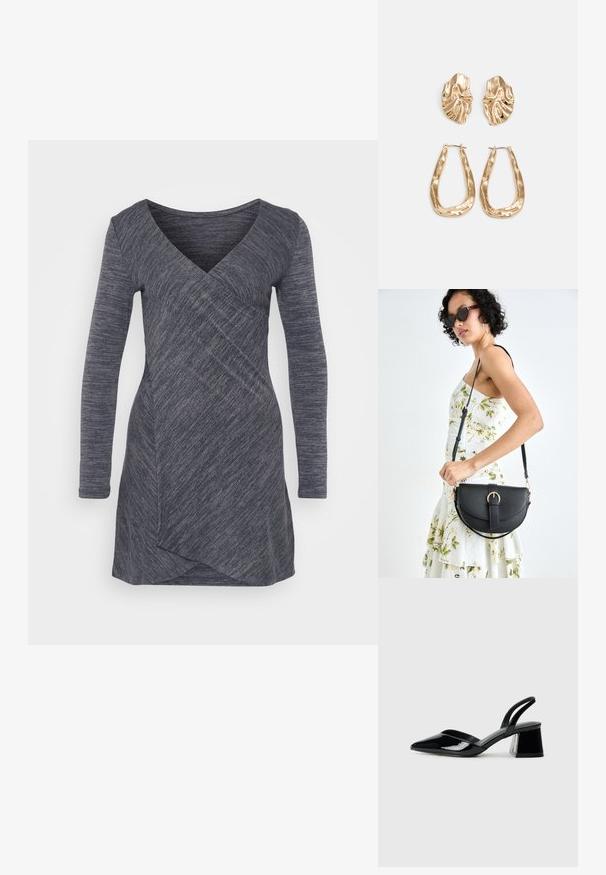 Rochie cu mânecă lungă, de culoare gri închis, confecționată dintr-un material texturat, cu gât în V și un design înfășurat pe diagonală, având o croială elegantă și un croi asimetric.; Pantofi cu toc slingback din piele lacuită neagră, cu vârf ascuțit și toc geometric. Prezintă un design elegant, minimalist și o textură netedă.; Geantă din piele neagră, cu o formă curbată, curea detașabilă și accesorii aurii. Geanta are un capac cu un detaliu tip cataramă.; Cercei aurii cu forme texturate și ondulate. Include studs sculpturale cu clip și un design de cerc deschis cu un finisaj cioplit.