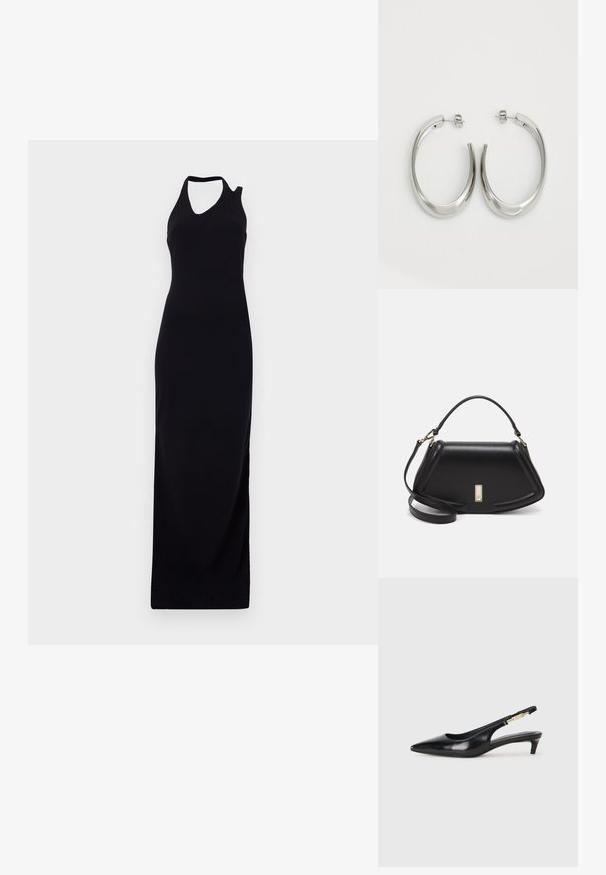Černé bezrukávové maxi šaty s vysokým výstřihem a asymetrickým vykrojením na rameni. Vyrobeno z hladkého, elastického materiálu.; Černé kožené boty na podpatku s otevřenou patou a špičatou špičkou, s tenkým podpatkem a zlatým akcentem na nastavitelném pásku. Hladký povrch.; Černá kožená kabelka se strukturovaným designem, jejíž tvar je zkrácený, má horní rukojeť a zlaté kovové detaily. Součástí je i nastavitelný ramenní popruh.; Stříbrné kruhové náušnice s hladkým, zakřiveným designem. Vyznačují se lesklým kovovým povrchem a zapínáním na patent. Žádné viditelné vzory nebo akcenty.