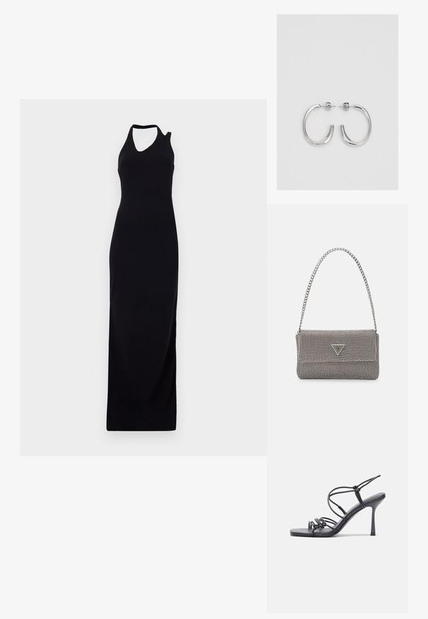 Mustansista hiattomuusta maksimekosta, jossa on korkea kaulus ja epäsymmetrinen leikkaus olkapäässä. Valmistettu sileästä, joustavasta kankaasta.; Mustat korkokengät sandaalit, joissa on ohuet hihnat solmittuna, sileä neliön muotoinen varvasosa ja tyylikäs stiletto-korko.; Vaalea harmaa metallinen käsilaukku, jossa on ketjusanka. Laukku on koristeltu pienillä pyöreillä metallikoruilla ja kolmion muotoisella brändilogolla.; Hopehopeet hopehopeet hopehopeet hopehopeet, jolla on sileä, kiiltävä pinta. Pyöreä muoto, kevyt rakenne, jossa on neulakiinnitys.