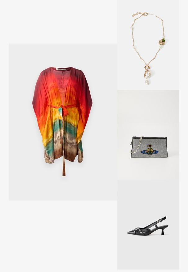 Lichtgewicht, kleurrijke kimono met een strikceintuur. Heeft een levendige gradient van rood, oranje, geel en turquoise. Zacht, vloeiend materiaal.; Zwarte leren slingback schoen met een puntige neus, decoratieve banden met metalen oogjes en een lage blokhak. Textuur oppervlak.; Zwarte clutch met zilveren kettingriem, met een kleurrijk kralenontwerp van een gele onderzeeër omringd door een blauwe ring.; Gouden halsketting met gedraaide schakels, witte parels en een groene stenen accent. Beschikt over fijne details en een sluiting voor het vastmaken.