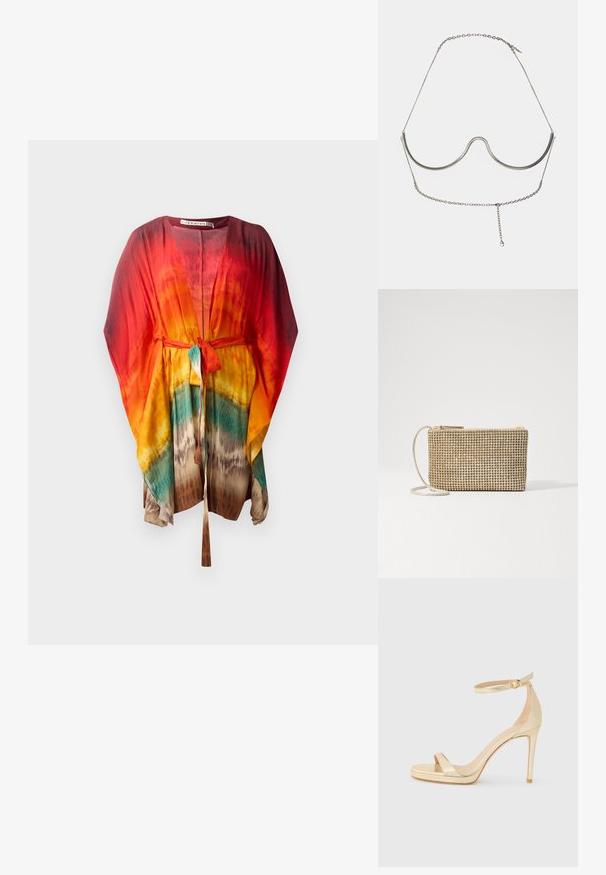 Letvægts, farverig kimono med bændel. Har en levende gradient i rød, orange, gul og turkis. Blødt, flydende stof.; Guldmetal højhælede sandaler med åben tå, ankelrem med spænde og en platformsål for ekstra højde. Glat overflade.; Loeffler Randall YASMINE FLAT CLUTCH - Skuldertasker - gold; Cult Gaia ASHA BODY JEWELRY - Andre accessories - bright shiny silver-coloured