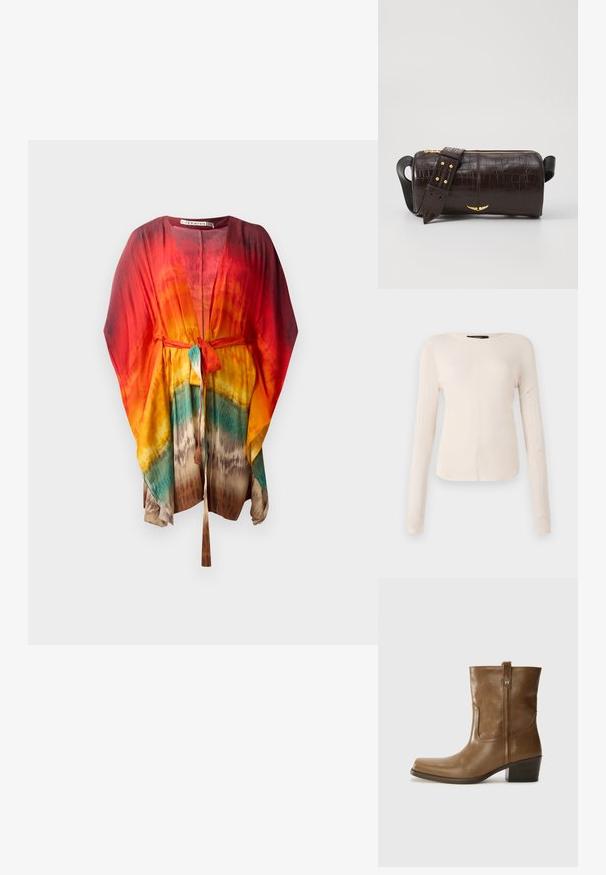 Lightweight, colorful kimono with a tie belt. Features vibrant red, orange, yellow, and turquoise gradient. Soft, fluid fabric.; Long-sleeve, light beige top with a round neckline. Made of soft fabric, features a central seam and slightly curved hem. No visible hardware.; Brown leather ankle boot with a square toe, textured finish, and a low stacked heel. Features a rear pull tab and subtle stitching details.; Brown crocodile-embossed leather bag with a cylindrical shape, gold-tone hardware, and a detachable strap featuring studs.