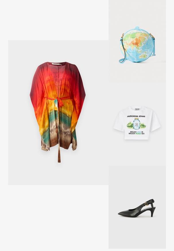 Kimono ligero y colorido con cinturón de lazo. Presenta un vibrante degradado de rojo, naranja, amarillo y turquesa. Tela suave y fluida.; Camiseta blanca corta con un gráfico de un tarro de cristal con follaje verde. El texto en negro y azul dice "MOSCHINO JEANS" y frases sobre amor y paz.; Zapato de tacón destalonado de cuero negro con punta afilada, tacón pequeño y detalle de hebilla en la correa del tobillo. Textura suave, diseño minimalista.; Bolso bandolera redondo que se asemeja a un globo terráqueo, con una base azul clara y un mapa detallado en tonos verdes, naranjas y azules; detalles metálicos en color dorado.