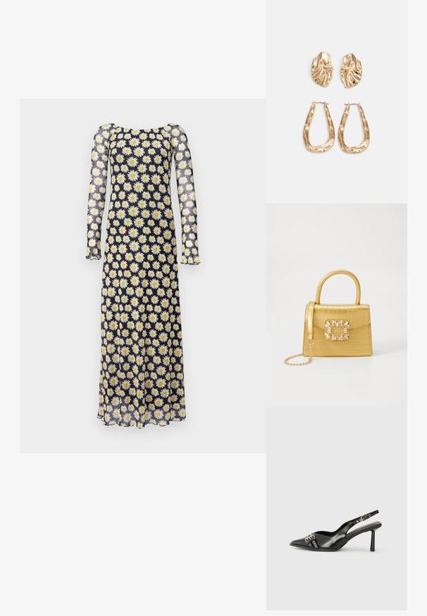 Maxi ruha hosszú, áttetsző ujjal. Fekete anyag, fehér és sárga margarétás virágmintával. Kerek nyakkivágás és fodros szegély.; Fekete lakk bőr, hegyes orrú slingback cipő, boka pántokkal, ezüst csatokkal és hardverelemekkel, valamint karcsú sarkú.; Sárga műbőr krokodil mintás kézitáska strukturált kialakítással, felső fogantyúval, leválasztható lánccal és díszes kristály díszítéssel a záron.; Aranyszínű fülbevalók, texturált, hullámos formákkal. Tartalmazza a szobrászati klipszes studokat és az open hoop kialakítást, kalapácsos felülettel.