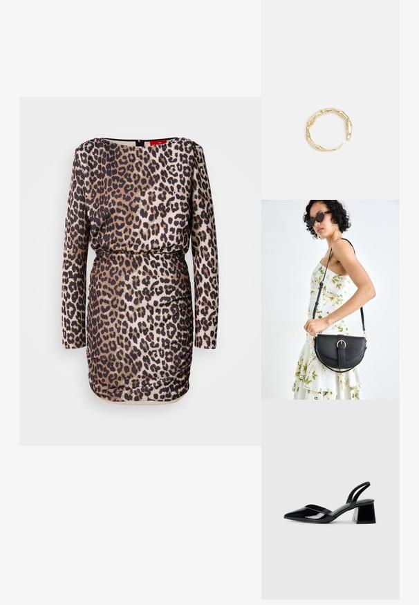 Haljina s uzorkom leopard pjene dugih rukava, okruglim izrezom, naboranim detaljima i prilagođenim siluetama. Napravljena od glatkog, rastezljivog materijala.; Crne lakirane kožne sandale s otvorenom petom i špicastim vrhom, s geometrijskom blok petom. Imaju elegantan, minimalistički dizajn i glatku teksturu.; Crna kožna torba s lukovitim oblikom, odvojivim remenom i zlatnim detaljima. Torba ima preklop s kopčom.; Prsten u zlatnoj nijansi s organskim, uvijenim dizajnom, glatkom teksturom i suženim krajevima, koji stvara moderan, skulpturalni izgled.