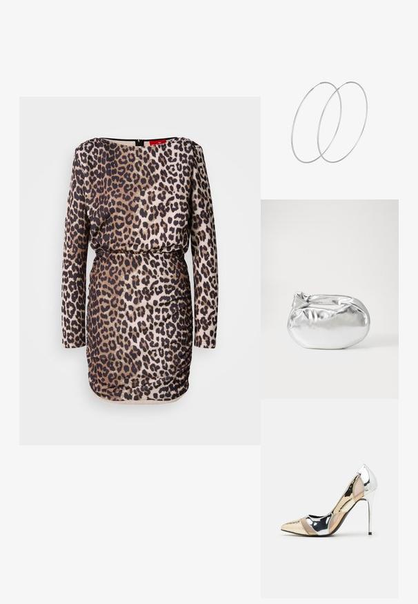 Leopardi mustriga kleit pikkade varrukatega, ümmargune kaelus, kokkukruvitud detailid ja keha lähedane siluett. Valmistatud siledast ja venivast kangast.; Kitsas toe kõrge kontsaga kingad, millel on hõbedane, kuldne ja nude värvilahendus. Läikiv viimistlus lõikekujundusega, stiletto konts.; Hõbedane metallikoti kott pehme, ümar kuju ja sõlme ülemise sulgemisega. Valmistatud siledast kunstnahast materjalist.; Hõbedased rõngastikkaehingad minimalistlikus disainis. Ümar kuju, sile tekstuur ja õhuke profiil. Kerged ning poleeritud viimistlusega.