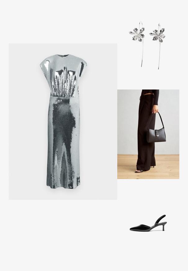 Garšīga sudraba sekvīnu kleita bez piedurknēm ar augstu kakla izgriezumu un smalkām tekstūras rakstām, kas atspoguļo gaismu.; Melnas lakotas ādas siksnas papēža kurpes ar garu purngalu, zemu stiletto papēdi un elegantu, vienkāršu dizainu bez rotājumiem.; Melnā somiņa ar strukturētu formu, gludu tekstūru un metālu sprādzi. Saskaņota ar platām melnām biksēm un sandālēm ar atvērtu purngalu uz koka grīdas.; Sudraba zieda formas auskari ar teksturētu apdari, ar garām uzkarsējošām daļām un ziedlapiņām līdzīgām detaļām, veidojot sarežģītu dizainu.