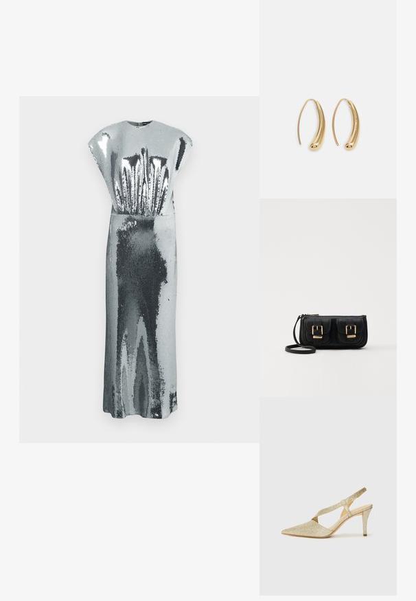 Garšīga sudraba sekvīnu kleita bez piedurknēm ar augstu kakla izgriezumu un smalkām tekstūras rakstām, kas atspoguļo gaismu.; Mirdzoši zelta siksniņu pumps ar vērsto purngalu, plānu potītes siksnu un šauru papēdi. Virsma ir ar teksturētu metālisku apdari.; Melnas ādas crossbody soma ar divām priekšējām kabatām, zelta sprādzēm, ar rāvējslēdzēju aizdari un šauru siksnu. Strukturēta virsma un kompakta taisnstūra forma.; Zelta toņu metāla gredzena auskari ar izliektu, pagarinātu formu. Ar gludu, spīdīgu virsma un noapaļotu galu papildu detaļām.