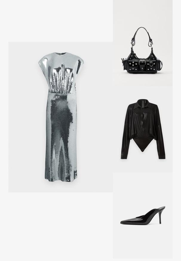 Dlouhé stříbrné šaty bez rukávů se vzorem flitrů, s vysokým výstřihem a jemnými texturovanými vzory odrážejícími světlo.; Černý body s dlouhými rukávy, výstřihem do V a přiléhavým střihem. Vyrobeno z lesklého, hladkého materiálu se strukturovaným límcem a manžetami.; Černé lakované kožené muly na vysokém podpatku s špičatou špičkou a elegantním siluetou, s otevřenou zadní částí a štíhlým stiletto podpatkem.; Černá kožená kabelka s křivkovým designem, zdobená stříbrnými hřebíky, s přezkou a dvěma bočními kapsami. Nastavitelný popruh pro různé možnosti nošení.
