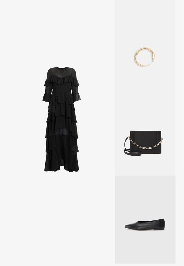 Melna kārtota kleita, kas izgatavota no plūstoša auduma, ar vilnāmiem akcentiem uz piedurknēm un ķermeņa, augstu zemākas apakšdaļas un apaļu dekoltē.; Melna ādas baleta kurpe, ar norādītu purngalu, minimālisma dizains, gluda tekstūra, zema papēža augstums, bez redzamiem aksesuāriem vai rotājumiem.; Melna ādas crossbody soma ar gludu faktūru, taisnstūrveida formu un metalizētu ķēdes detaļu priekšā. Iekļauta regulējama siksna.; Zelta toņa gredzens ar organisku, vērptu dizainu, gludu virsmu un sašaurinātiem galiem, radot mūsdienīgu, skulpturālu izskatu.