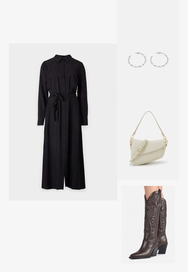 Czarna sukienka z długim rękawem, zapinana na guziki, z kołnierzykiem, paskiem w talii i prostym krojem. Wykonana z gładkiego, teksturowanego materiału.; Brązowe skórzane kowbojki z noskiem w kształcie migdała i blokowym obcasem, z detalicznym przeszyciem i podniesionymi akcentami na cholewce.; Mała torebka w kolorze kremowym z teksturowanym wykończeniem, długim regulowanym paskiem, akcentem z łańcucha oraz zapięciem na klapkę. Wykończenia w kolorze złotym.; Srebrne kolczyki w kształcie obręczy z skręconym wzorem, z polerowanym wykończeniem i zapięciem na sztyft. Mają średnicę około 3 cm.