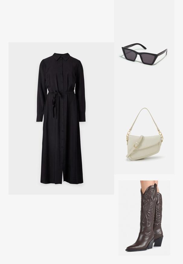 Rochie lungă, cu mânecă lungă, neagră, cu guler, centură legată în talie și o siluetă dreaptă. Confecționată dintr-un material neted, texturat.; Bocanci de cowboy din piele maro, cu vârf ascuțit și toc pătrat, având cusături detaliate și accente ridicate pe tijă.; Ochelari de soare negri, unghiulari, cu lentile gri; fabricați din plastic, având brațe groase cu o suprafață netedă și fără hardware vizibil.; Geantă mică de crem cu un finisaj texturat, curea lungă și ajustabilă, accent cu lanț și închidere cu clapetă. Detalii din hardware aurie.