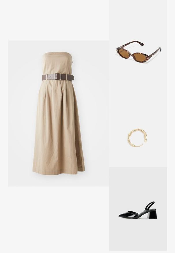 Bež maxi haljina bez naramenica s uskim korzetom, nabrane suknje i širokim smešnim remenom s kvadratnom kopčom. Napravljena od laganog materijala.; Crne lakirane kožne sandale s otvorenom petom i špicastim vrhom, s geometrijskom blok petom. Imaju elegantan, minimalistički dizajn i glatku teksturu.; Naočale od kornjače s ovalnim lećama, smeškanim tonovima, tanke nogice s teksturiranim uzorkom, lagani plastični okvir.; Prsten u zlatnoj nijansi s organskim, uvijenim dizajnom, glatkom teksturom i suženim krajevima, koji stvara moderan, skulpturalni izgled.