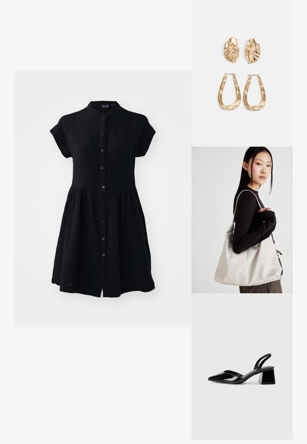 Vestido preto de botão com gola alta, mangas curtas, tecido texturizado e um design de saia franzida. Sem padrões ou embelezamentos.; Sandy em verniz preto com salto slingback, ponta afilada e salto geométrico. Apresenta um design elegante e minimalista com textura suave.; Uma bolsa bege feita de material macio, com um design descontraído, detalhes de costura e duas alças para o ombro. Adequada para uso diário.; Brincos em tom de ouro com formas onduladas e texturizadas. Inclui studs escultóricos com presilha e um design de argola aberta com um acabamento martelado.
