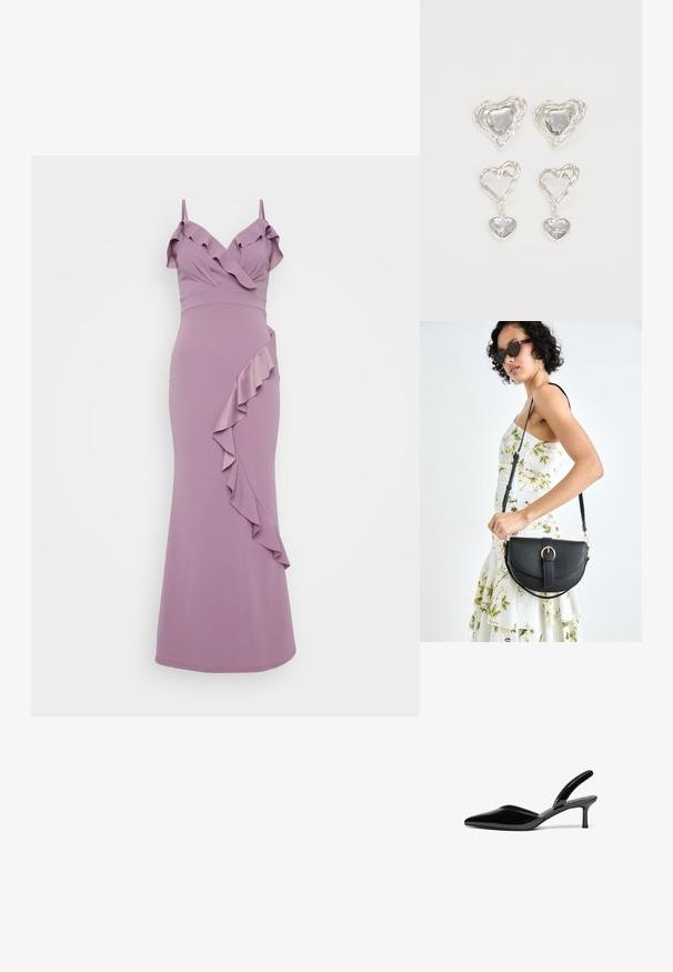 Lilla kleit, millel on spagetti rihmad, rippuvdega kaelus ja diagonaalne volang detail külgedel. Sile ja keha järgiv siluett.; Mustad nahast slingback kontsad terava ninaga, madala stilettokontsa ja sõbraliku, lihtsa kujundusega ilma dekoratsioonideta.; Mustmust mustraha kõverate joontega, eemaldatava rihmaga ja kuldsete detailidega. Kotil on klapp, millel on pandladetail.; Hõbedased südamekujulised kõrvarõngad on kaunistatud lõhikute ja selgete kividega ning neil on tekstureeritud raam. Komplekti kuuluvad kõrvarõngad nupud ja rippuvad mudelid.