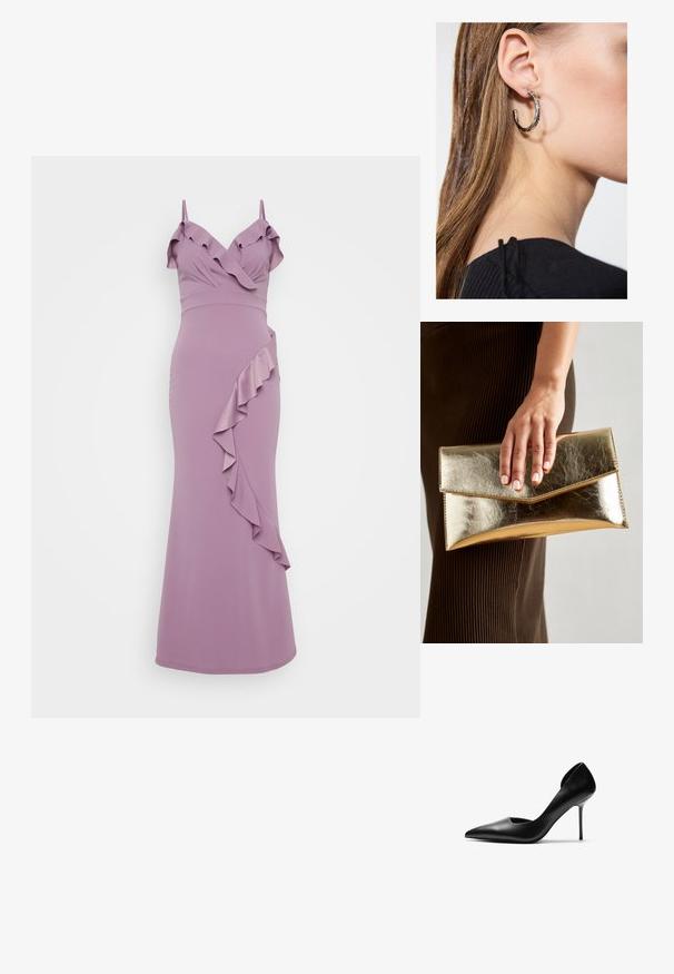 Ljubičasta haljina s tankim naramenicama, s nabranim dekolteom i dijagonalnim detaljem volana sa strane. Glatka, uska silueta.; Crne kožne štikle s visokom potpeticom, šiljastim nosom i izrezanim stranama. Glatka tekstura i visoka, vitka potpetica stvaraju elegantan siluet.; Zlatna metalik torbica s glatkom teksturom, s trokutastim zatvaranjem na preklop. Ruka koja je drži ima uredno nj njegovane nokte.; Srebrna kružna naušnica s poliranim završetkom, koja ima male zlatne detalje i okrugli oblik, nošena na uhu.