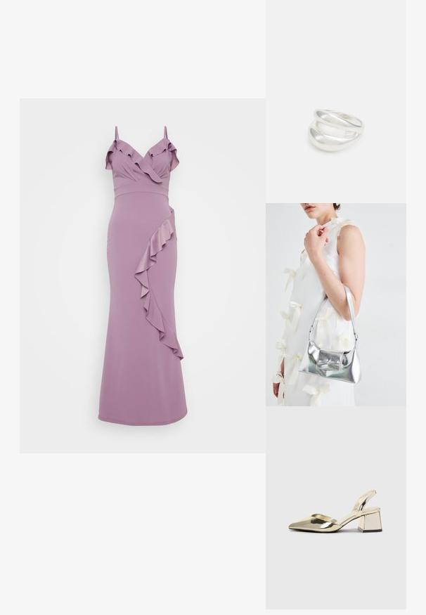 Lilla kleit, millel on spagetti rihmad, rippuvdega kaelus ja diagonaalne volang detail külgedel. Sile ja keha järgiv siluett.; Kuldne, metallilised slingback-kudumid terava varba ja paksu kontsaga. Sile tekstuur, minimalistlik disain ja kitsas rihm.; Hõbedane metallik käekott struktureeritud kujuga, millel on ülemine sang ja ettepoole suunatud paeladetail. Sile tekstuur, peegeldav viimistlus.; Hõbedane kahekordne rõngas sujuva, poleeritud pinnaga. Omab voolavat, kõverat disaini, millel on kattuvad sektsioonid, et saavutada kaasaegne ilme.