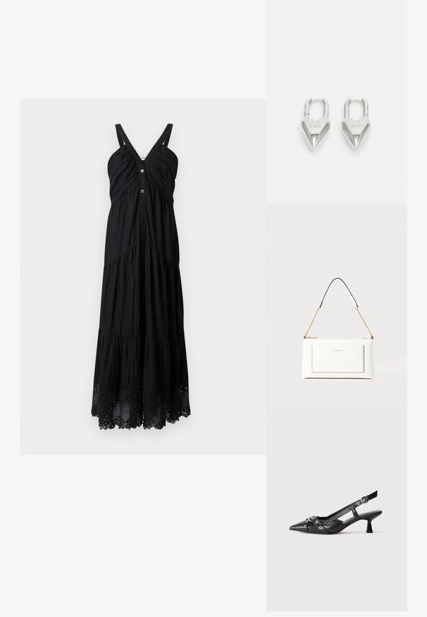 Fekete maxi ruha állítható pántokkal, redőzött felsőrésszel, elülső gombokkal és réteges szoknyával, amelynek alsó szélén finom csipke díszítés található.; Fekete bőr slingback cipő hegyes orral, dekoratív pántokkal, fém szemekkel és alacsony blokk sarkú. Texturált felület.; Fehér bőr kézitáska, texturált felülettel, arany lánccal és fekete részletekkel. Elülső zsebbel és cipzáros zárással rendelkezik.; Ezüst szív alakú lakatok, amelyeken vésett "IGEN" és "NEM" feliratok találhatók, polírozott felület, szimmetrikus kialakítás és robusztus fémcsat.