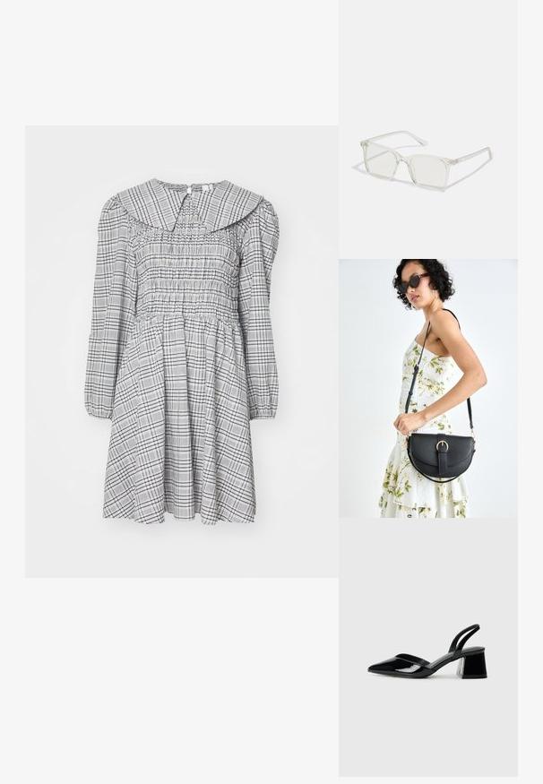Rochie cu volane, mâneci lungi, guler rotund, model în carouri gri și alb, material ușor și talie strânsă pentru o siluetă evazată.; Pantofi cu toc slingback din piele lacuită neagră, cu vârf ascuțit și toc geometric. Prezintă un design elegant, minimalist și o textură netedă.; Ochelari de vedere cu rame pătrate din plastic transparent, dotate cu lentile translucide și accente aurii pe temple pentru un detaliu suplimentar.; Geantă din piele neagră, cu o formă curbată, curea detașabilă și accesorii aurii. Geanta are un capac cu un detaliu tip cataramă.