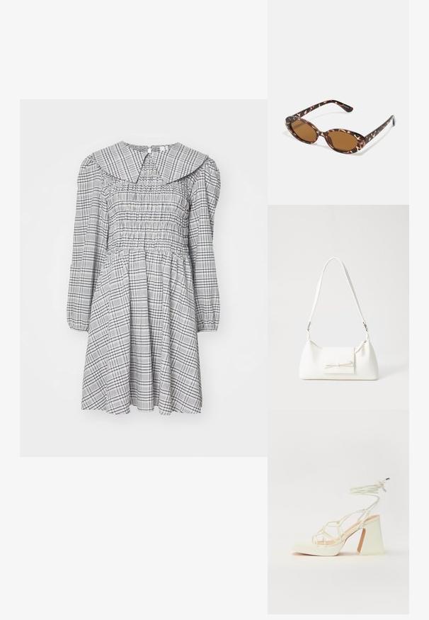Rochie cu volane, mâneci lungi, guler rotund, model în carouri gri și alb, material ușor și talie strânsă pentru o siluetă evazată.; Sandale albe cu toc înalt și gros, cu un design cu curele și legătură la gleznă. Textură netedă, cu o platformă frontală pentru înălțime suplimentară.; Ochelari de soare cu mâneri tortoise, cu lentile ovale, cu nuanță maro, brațe subțiri ce au un model texturat, cadru din plastic ușor.; Geantă sintetică albă, cu formă triangulară, capac frontal plat și detaliu cu fundă, curea ajustabilă, textură netedă și design minimalist.