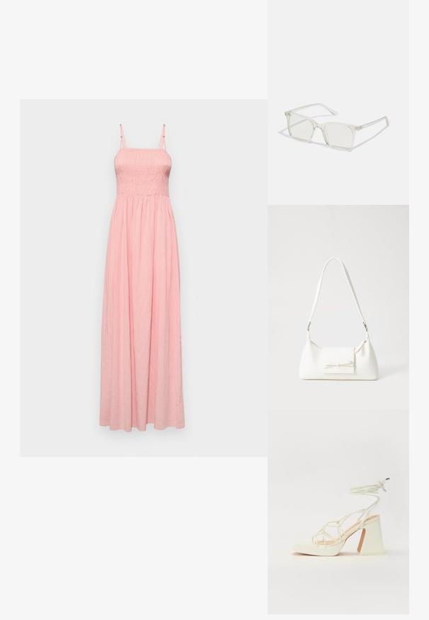 Vestido maxi em tecido rosa suave, com corpete franzido, alças finas ajustáveis e saia fluida. Design simples sem padrões.; Sandálias brancas de salto alto com um salto robusto, apresentando um design com tiras e amarração no tornozelo. Textura suave com uma plataforma na frente para altura adicional.; Óculos quadrados de plástico transparente com lentes translúcidas, apresentando detalhes em dourado nas hastes.; Mala sintética branca com formato triangular, aba frontal plana e detalhe de laço, alça ajustável, textura suave e design minimalista.