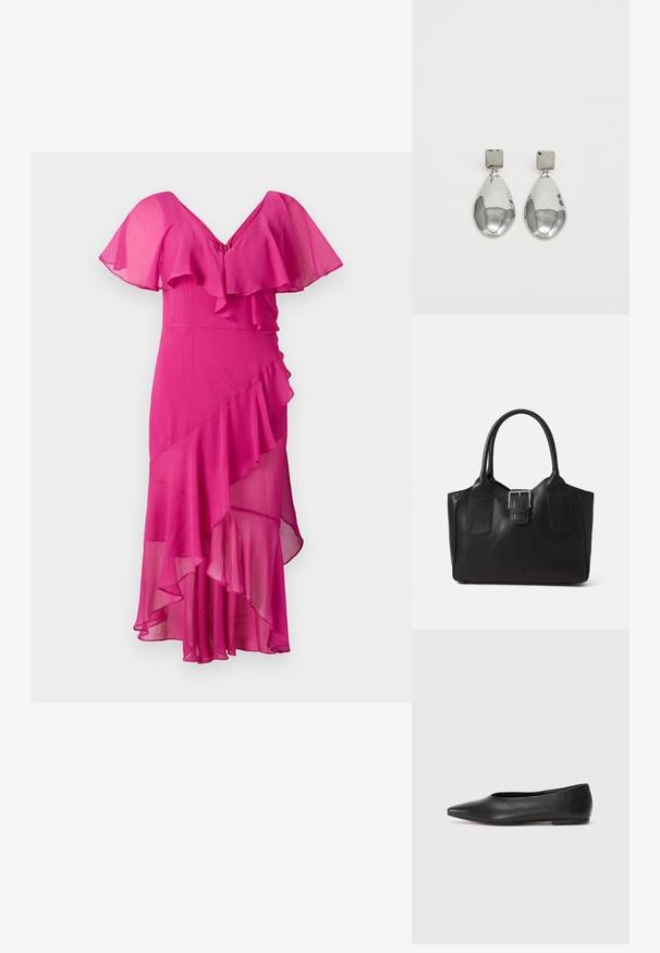 Vestido fúcsia com decote em V, mangas evasê e camadas de babados. Confeccionado em tecido leve, apresenta uma barra assimétrica e um caimento texturizado.; Bailarina de couro preto, bico fino, design minimalista, textura suave, salto baixo, sem hardware ou embelezamentos visíveis.;  Bolsa tote de couro preta com textura suave, forma estruturada, duas alças e um destaque prateado proeminente na parte da frente.; Brincos de gota em prata com um pino quadrado, apresentando um acabamento liso e polido e uma forma de gota, refletindo a luz com uma superfície brilhante.