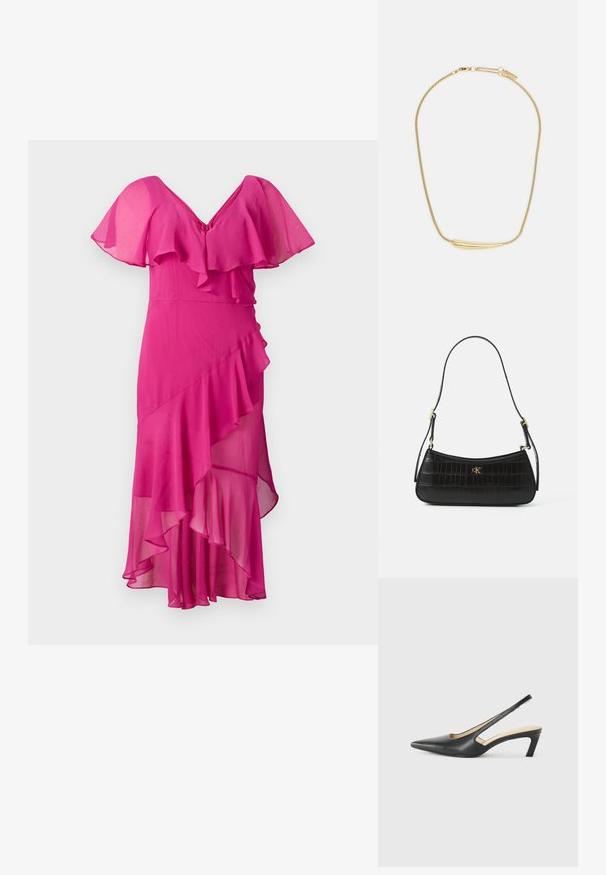 Fuchsie šaty s výstřihem do V, rozšířenými rukávy a vrstvenými volány. Vyrobeny z lehkého materiálu, s asymetrickým lemem a strukturovaným pohybem.; Černý špičatý slingback s nízkým podpatkem, vyrobený z hladké kůže, s výřezem na boku pro lepší prodyšnost.; Černá kožená kabelka s krokodýlí texturou, štíhlého tvaru a zlatou kovovou sponou. Obsahuje jeden ramenní popruh a vypadá s podrobnostmi s embosovaným logem.; Zlatem pokovený náhrdelník s hladkým, zakřiveným centrálním akcentem. Disponuje flexibilním řetízkem s karabinovým zapínáním a dodatečnými nastavitelnými články řetězu.
