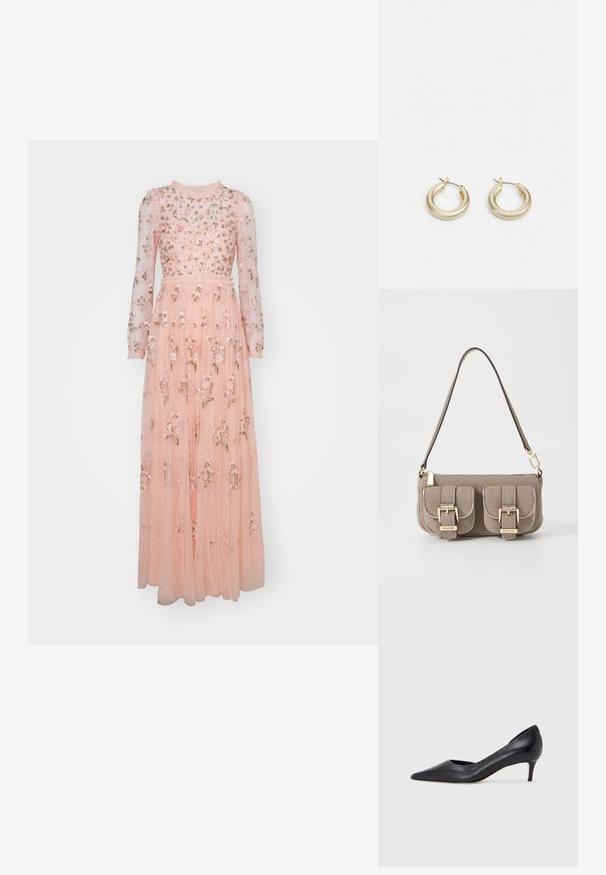 Needle & Thread POSY ROUND NECK GOWN - Occasion wear - faded coral; Black leather pump with a pointed toe and low heel. Features a smooth texture and subtle sheen. Open cut at the front for added detail.; Beige textured handbag with adjustable strap, two front pockets secured by buckles, and gold hardware accents. Zipper closure at the top.; Lauren Ralph Lauren BASIC SMALL HOOP - Earrings - gold-coloured