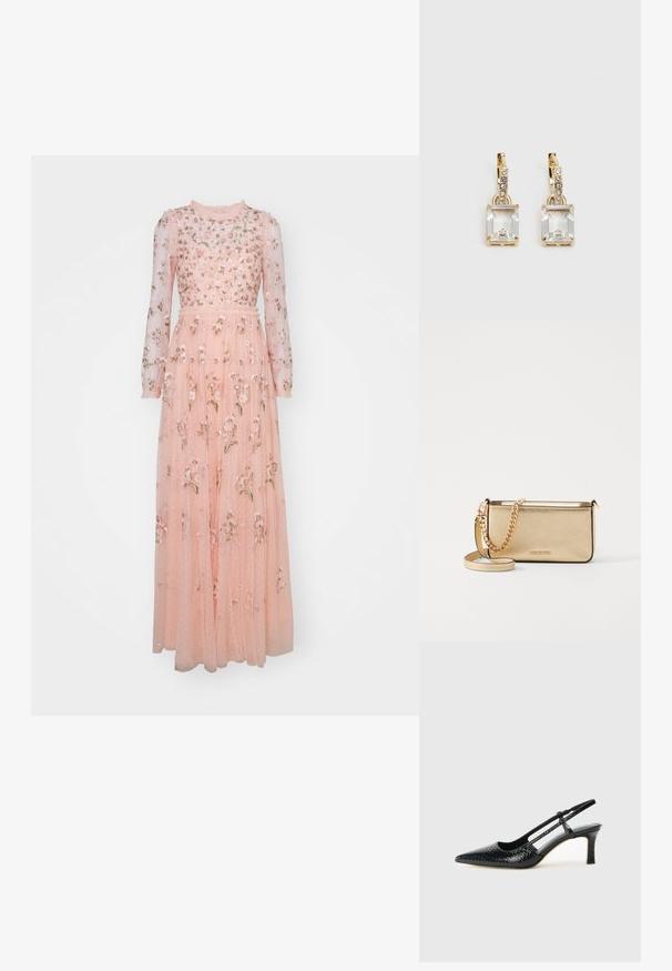 Needle & Thread POSY ROUND NECK GOWN - Oblačila za posebne priložnosti - faded coral; Črne lakaste slingback pete s koničastim nosom, ki imajo teksturiran vzorec kačje kože, nastavljiv trak in kratek teksturiran blok peto.; Metalna zlata usnjena torbica z teksturirano površino, opremljena z zlatim verižnim ročajem in odstranljivim naramnim trakom. Logotip blagovne znamke je vtisnjen.; Zlato obarvani uhani, ki vsebujejo pravokoten, prozoren kristal, obešen pod vrsto majhnih, okroglih prozornih dodatkov. Elegantna, moderna zasnova.