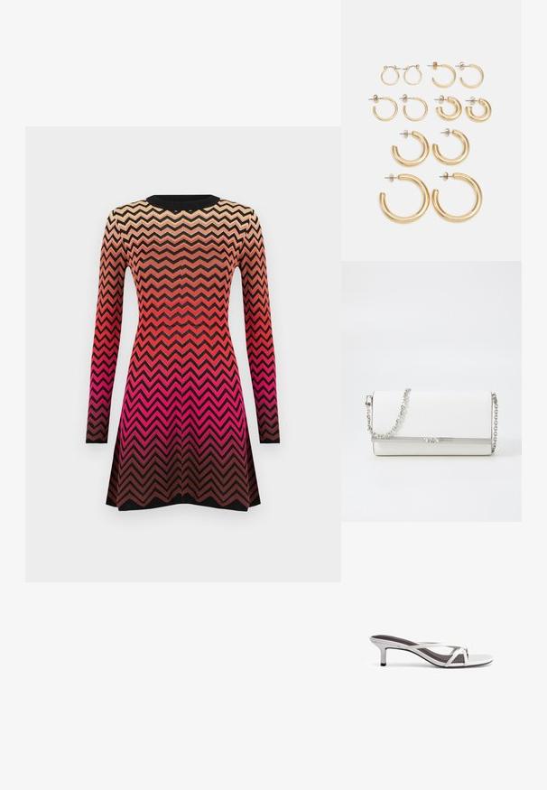 Pleteni plašč z zigzag vzorcem v gradientnih odtenkih bež, rdeče in črne barve. Dolgi rokavi in model s krojaškim ovratnikom.; Srebrne sandale na peto s križnim trakama, gladko teksturo in koničastim nosom. Peti je približno dva inča visok.; MICHAEL Michael Kors MONA - Torba čez telo - optic white; Set zlato obročastih ušesnih uhani, ki vključujejo različne velikosti in oblike, vključno z majhnimi, srednjimi in velikimi slogi, z gladkimi kovinskimi površinami.